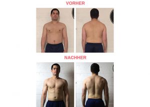 Ein Mann ist auf zwei Fotosätzen mit den Bezeichnungen Vorher und Nachher abgebildet, mit Vorder- und Rückansicht. Auf den Nachher-Fotos wirkt er im Vergleich zu den Vorher-Fotos muskulöser und schlanker.