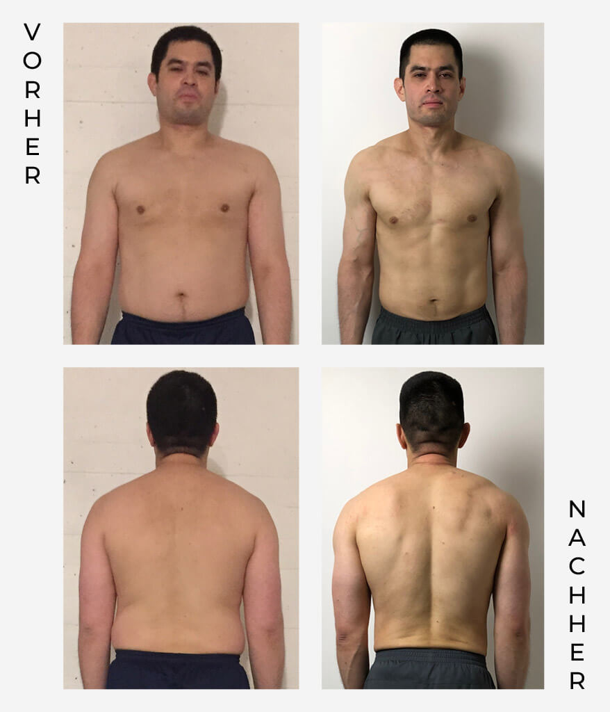Ein Mann ist auf Vorher-Nachher-Fotos abgebildet, die nach vorne und nach hinten zeigen, wobei auf den Nachher-Bildern im Vergleich zu den Vorher-Bildern ein deutlicher Muskelzuwachs und Fettabbau zu erkennen ist.