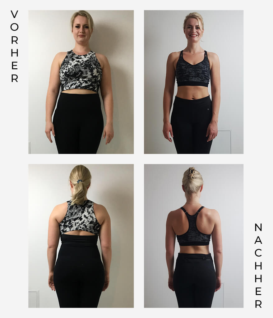 Eine Frau ist in "Vorher"- (links) und "Nachher"-Fotos (rechts), von vorne und hinten, in Sportkleidung abgebildet. An den Seiten sind "Vorher" und "Nachher" beschriftet, was auf eine Fitnessveränderung hinweist.