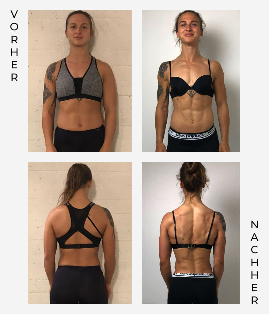 Auf vier Fotos ist eine Frau abgebildet: Vorder- und Rückenansicht vor (links "VORHER") und nach (rechts "NACHHER") dem Fitnesstraining. Auf den Nachher-Bildern wirkt sie muskulöser und definierter.
