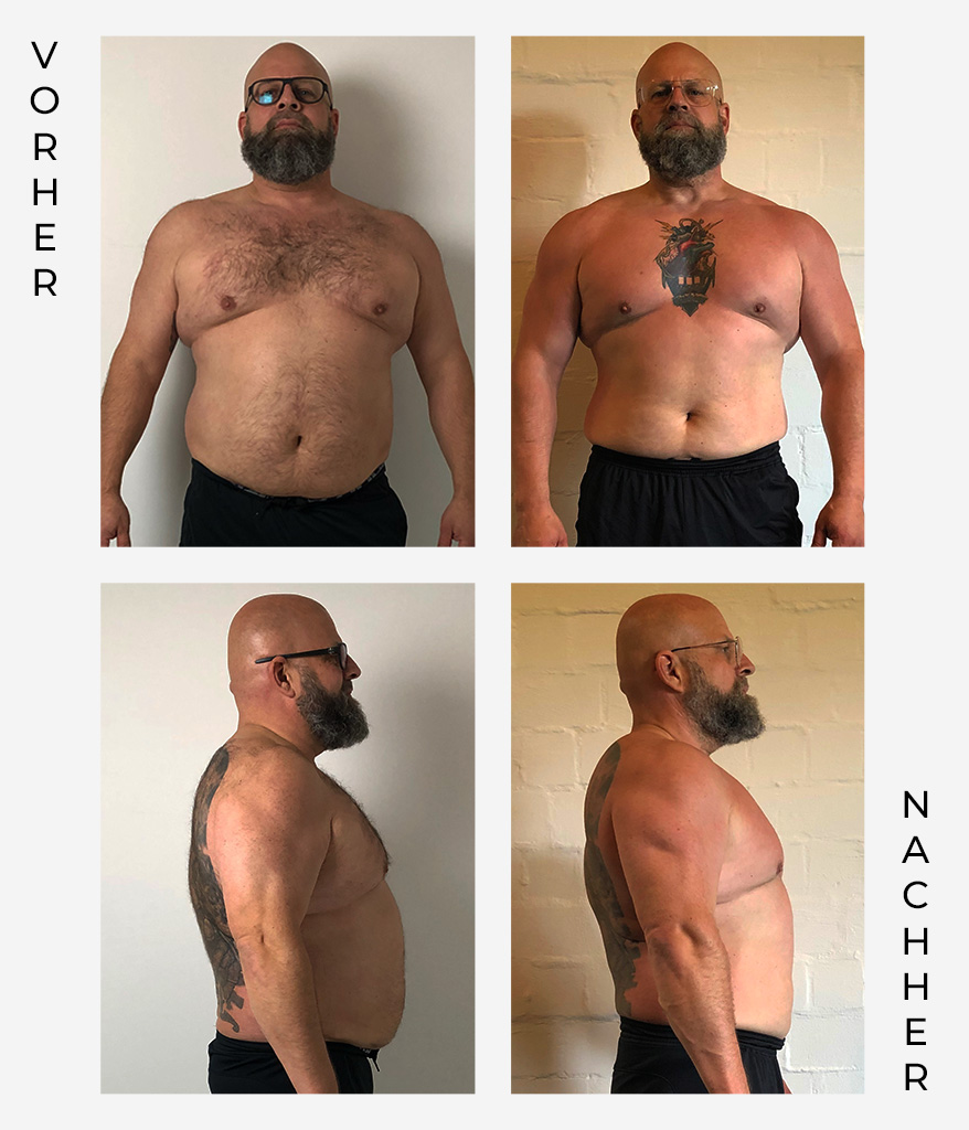 Vier Fotos zeigen einen bärtigen Mann vor und nach einer Körpertransformation, von vorne und von der Seite betrachtet. Die linken Bilder sind mit "Vorher" und die rechten mit "Nachher" beschriftet.